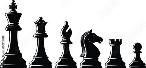 Black chess pieces set including king, queen, bishop, knight, rook and pawn, detailed silhouette vector illustration isolated on white background for strategy concept design