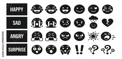 Black and white vector emoji mood icon set with labeled rows happy sad angry surprise for infographic or UI