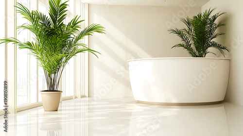 Modern reception area features sleek design with large windows and vibrant indoor plants, creating welcoming atmosphere