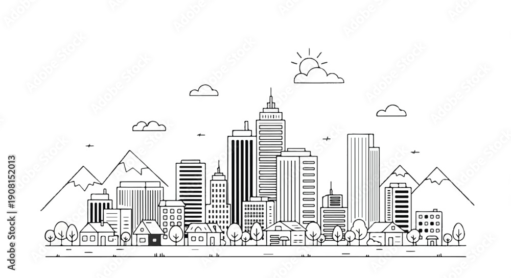 Obraz premium Exploring Urban Cityscape Skyline with Trees Mountains and Sun in a Minimalist Line Drawing from a Panoramic View