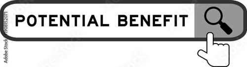 Search banner in word potential benefi twith hand over magnifier icon on white background