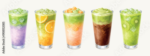 Matcha drinks watercolor vector illustration set, isolated on white background