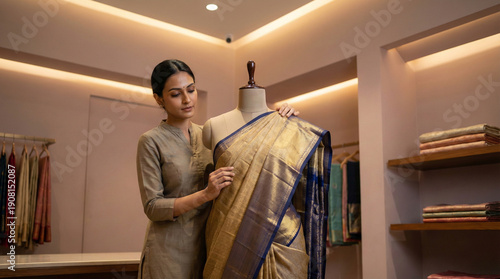 Indian woman draping a luxury silk saree on a mannequin in boutique