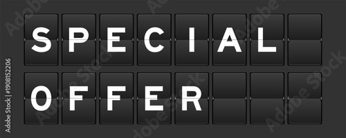 Black color analog flip board with word special offer on gray background