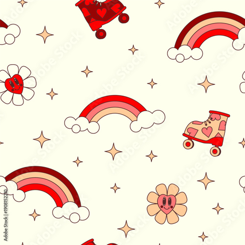 Retro seamless pattern with roller skates, rainbows, and daisy hearts. 70s groovy style