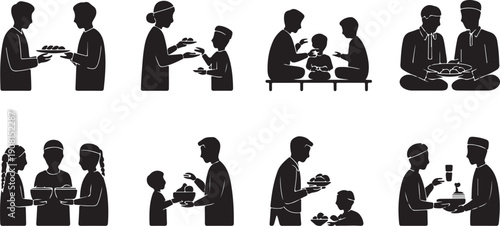 Silhouettes of people joyfully sharing food and gifts during cultural gatherings and celebrations