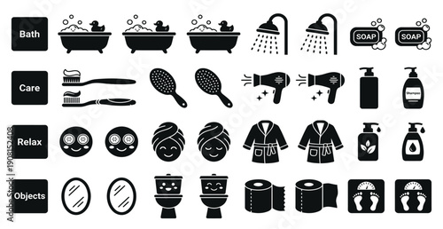 Black solid glyph bathroom and spa vector icon set with bathtub, shower head, toilet, soap, towel, hair dryer, cosmetics for UI or app