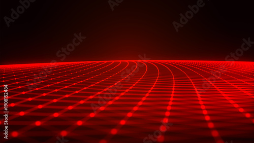 An abstract digital wave of particles. Dark background. Red glowing dots align in undulating arcs, creating an abstract flow of energy. Vector.