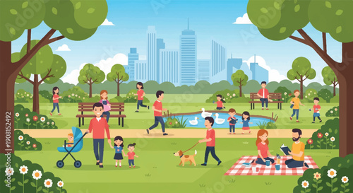 Joyful park picnic scene with families, dogs, children and a stroller, illustrated in vibrant cartoon style from a perspective