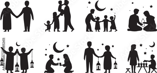 This selection of black silhouette icons shows families and individuals celebrating Islamic holidays and traditions