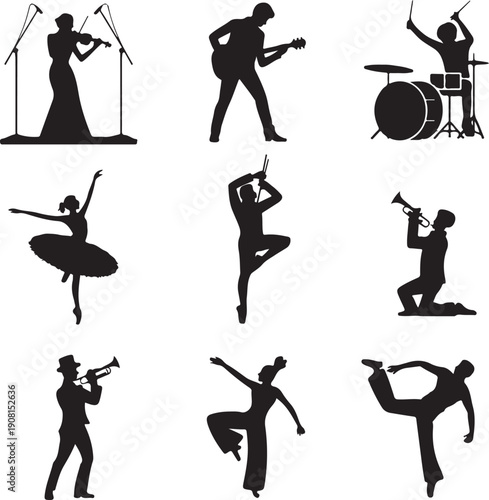 Silhouettes of musicians and dancers performing on stage and in various poses