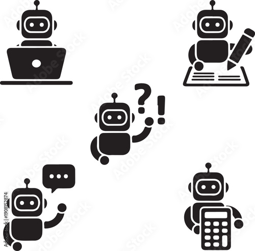 Robot icons with various actions on white background