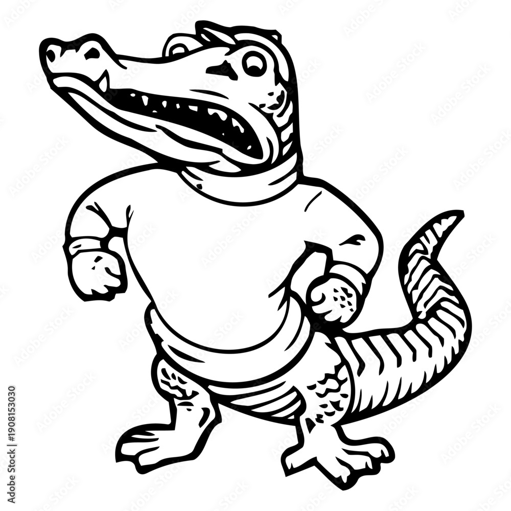 Fototapeta premium Black and white cartoon crocodile mascot illustration suitable for logo, sports team branding, t-shirt, and sticker design.