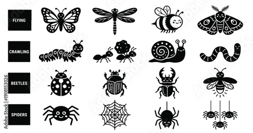 Black hand drawn insect icon set with butterfly, dragonfly, bee, moth, beetle, spider and web silhouettes, vector line art Isolated on transparent background, png