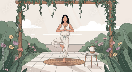 Woman Practicing Yoga Tree Pose Outdoors with Floral Surroundings