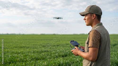 Young farmer using a drone to monitor green agricultural field