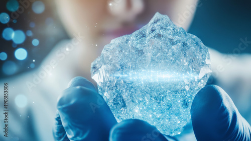 Scientist Holding a Synthetic Crystal with Embedded Digital Data Streams