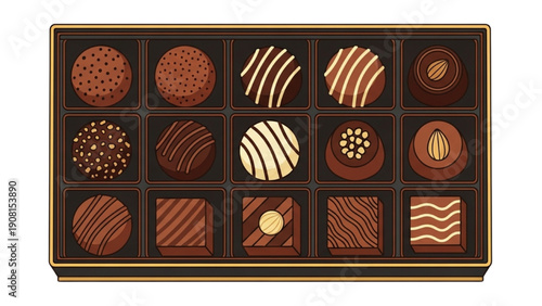 Assortment of chocolate truffles and bonbons in a decorative box viewed from above