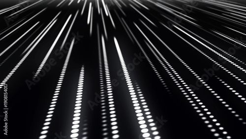 Streams of light rapidly pierce the darkness, forming rhythmic paths. A bright point acts as an impulse, carrying movement and energy through space. Vector