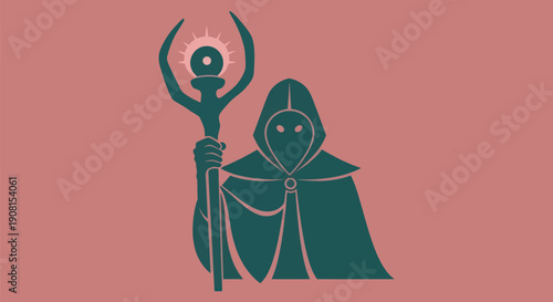 Mysterious figure holding staff symbol
