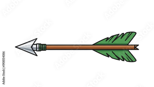 An arrow with a green feathered fletching lies horizontally on a white surface viewed from the side