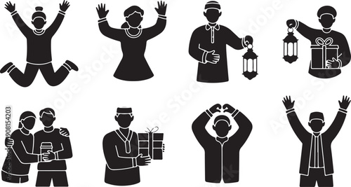 A collection of black silhouette icons illustrating people happily celebrating and exchanging gifts