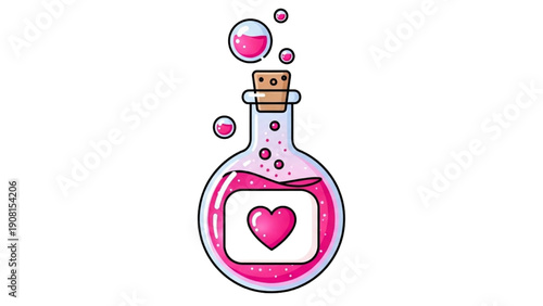 Illustration of a pink potion bottle with a heart symbol floating amidst bubbles