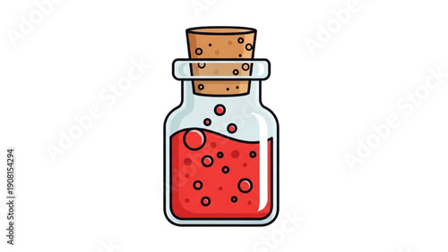 An illustration of a glass bottle with red liquid and cork on a transparent background from a front viewpoint