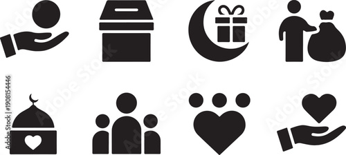 A collection of black silhouette icons representing charity, community, generosity, and religious giving traditions
