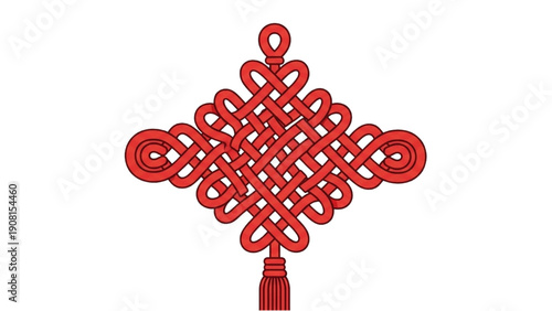 Intricate red knot ornament with tassel hanging viewed from straight on