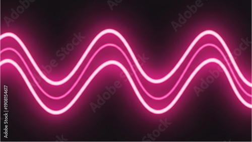 Vibrant neon waves dancing across a dark background, creating an energetic atmosphere, viewed from a straight-on perspective, showcasing fluid motion and light.