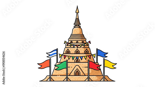 Ancient Temple Illustration with Flags and Ornate Architecture Viewed from the Front