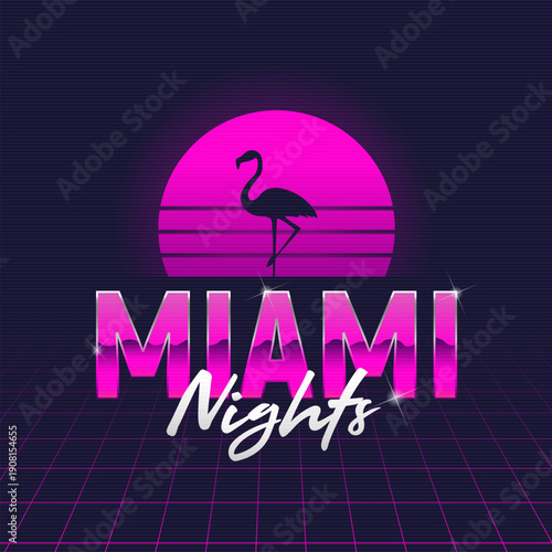 Miami Nights retro futuristic glow logo with neon retro sun and flamingo silhouette. 1980s synthwave style design for party posters, night events, invitations and music albums. Vector illustration.