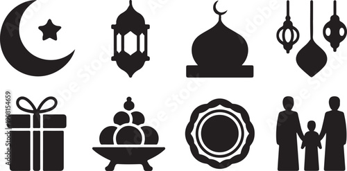 A collection of black silhouettes depicting various symbols and elements associated with Islamic holidays and culture