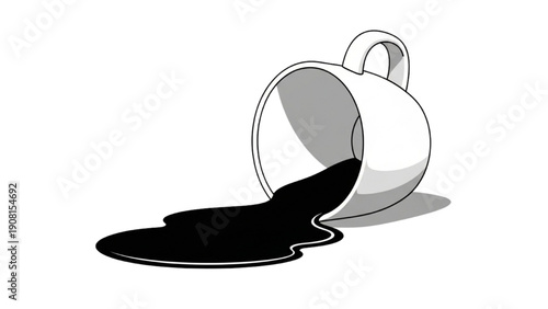 Coffee spills from an overturned cup onto the table surface creating a dark liquid mess viewed from above