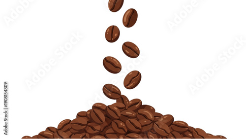 Coffee beans falling onto a pile of coffee beans from above in a digital illustration