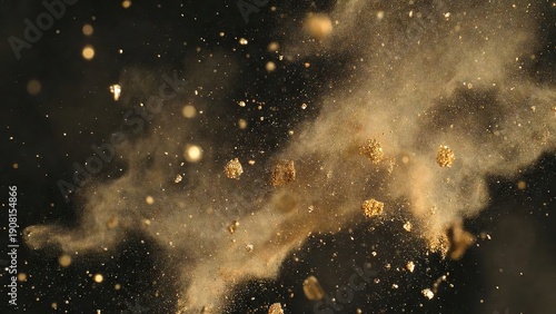 Explosive brown dust cloud with flying debris, kinetic sand and soil particles on black background, dramatic earth explosion texture