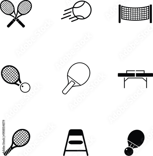 Black and white of various racket sports equipment tennis table tennis badminton rackets balls