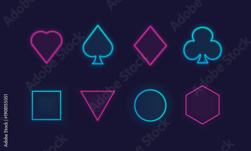 Icons set of 8 neon symbols. Neon sign of heart, spade, diamond, club, square, triangle, circle and hexagon for casino graphics, gaming UI, nightlife design and digital banners. Vector illustation