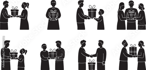 A collection of black silhouette icons depicting various people exchanging beautifully wrapped gifts
