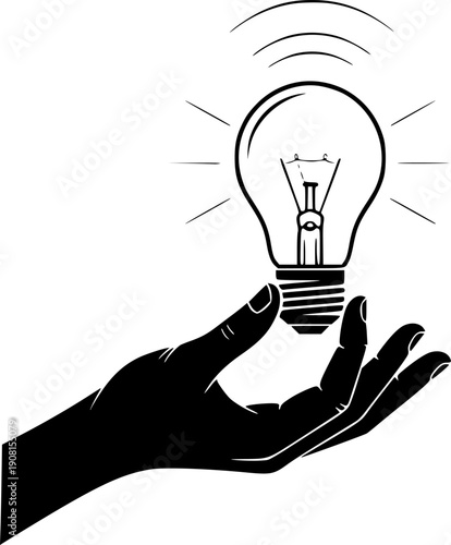 Light bulb held by hand icon for innovation energy and creative business idea concept – Black and White Vector Illustration