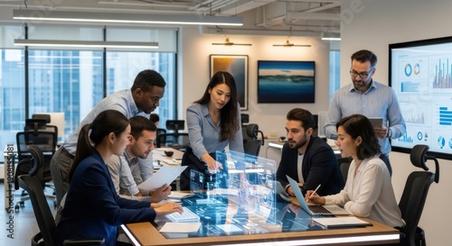 Diverse business team collaborating with holographic data in modern office
