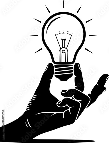 Light bulb held by hand icon for innovation energy and creative business idea concept – Black and White Vector Illustration