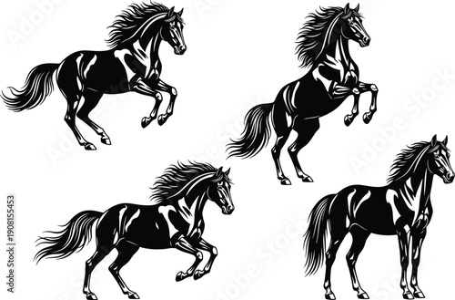 Black horse silhouette set featuring running, rearing and standing poses, powerful wild stallion illustrations isolated on white background for design, nature and equine concepts