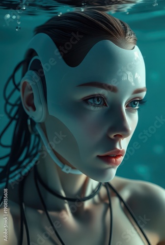 Aquatic cybernetic woman with helmet module and drifting hair