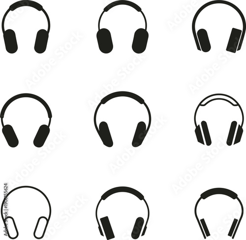 Black headphones on white background in different styles and views