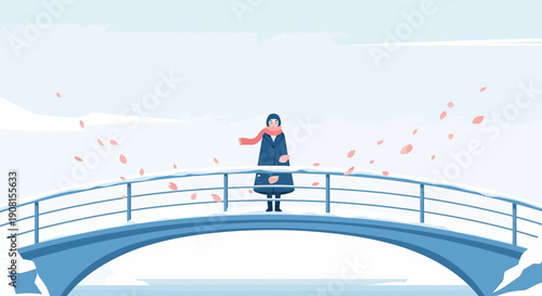 Woman on snowy bridge, winter landscape, red scarf blowing, minimalist illustration