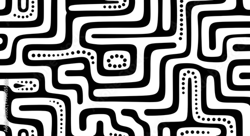 Abstract Black and White Maze Pattern with Dots.