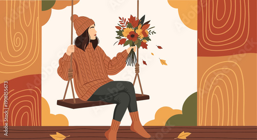 Woman on swing holding autumn bouquet, cozy knitwear and fall leaves