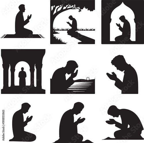 silhouette of people praying in various positions and locations